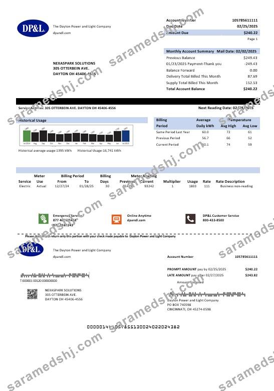 USA Ohio DP&L business utility bill template in Word and PDF formats